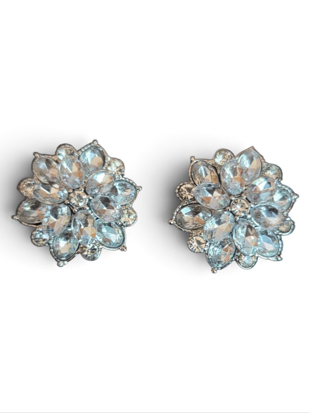 Vintage Clear Rhinestone Sunburst Floral Post Statement Earrings